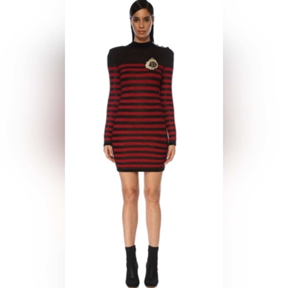 BALMAIN Striped Red and Black Knit Dress